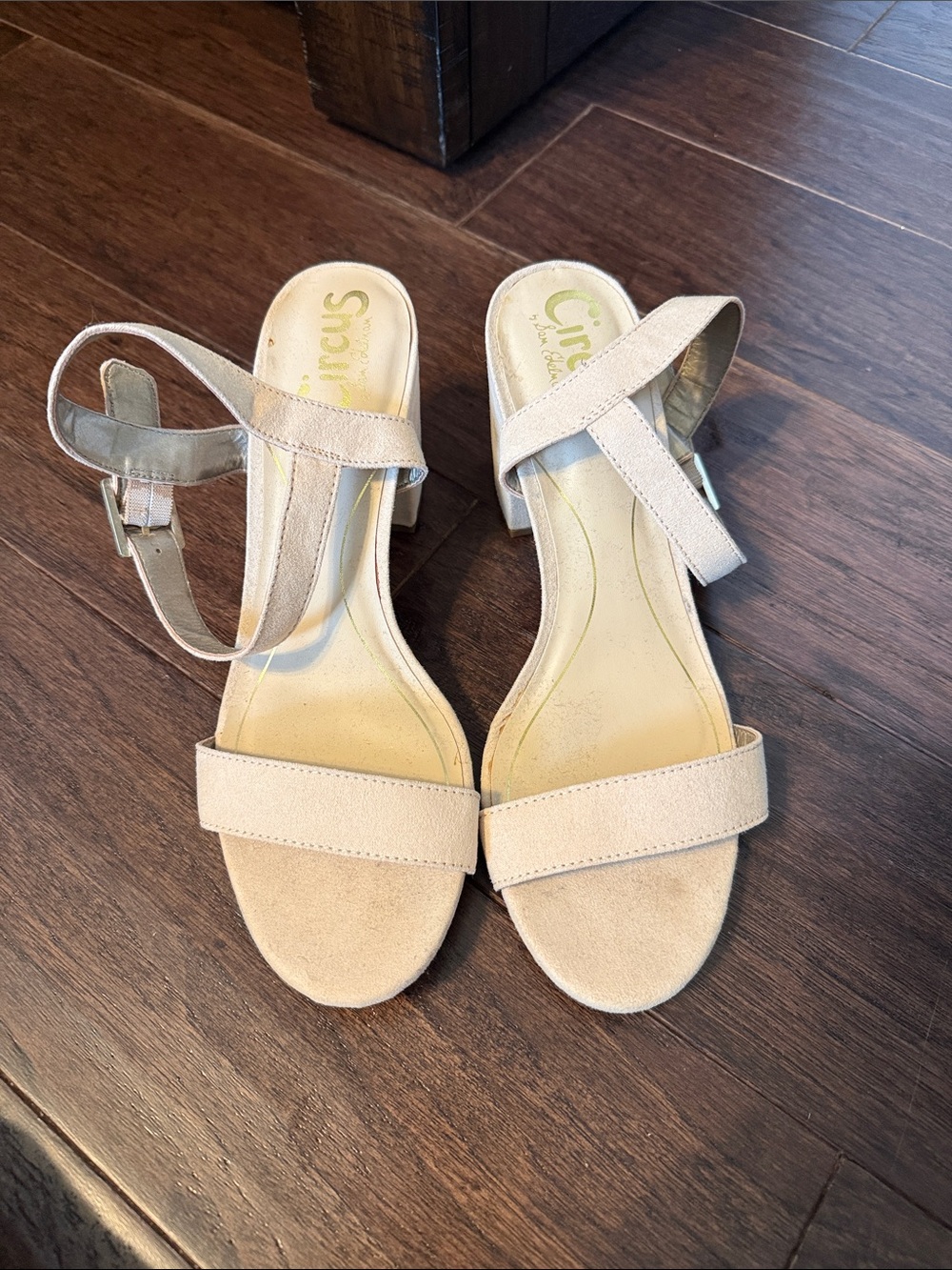Circus by Sam Edelman Light Beige Suede Strappy Block Heel Sandals